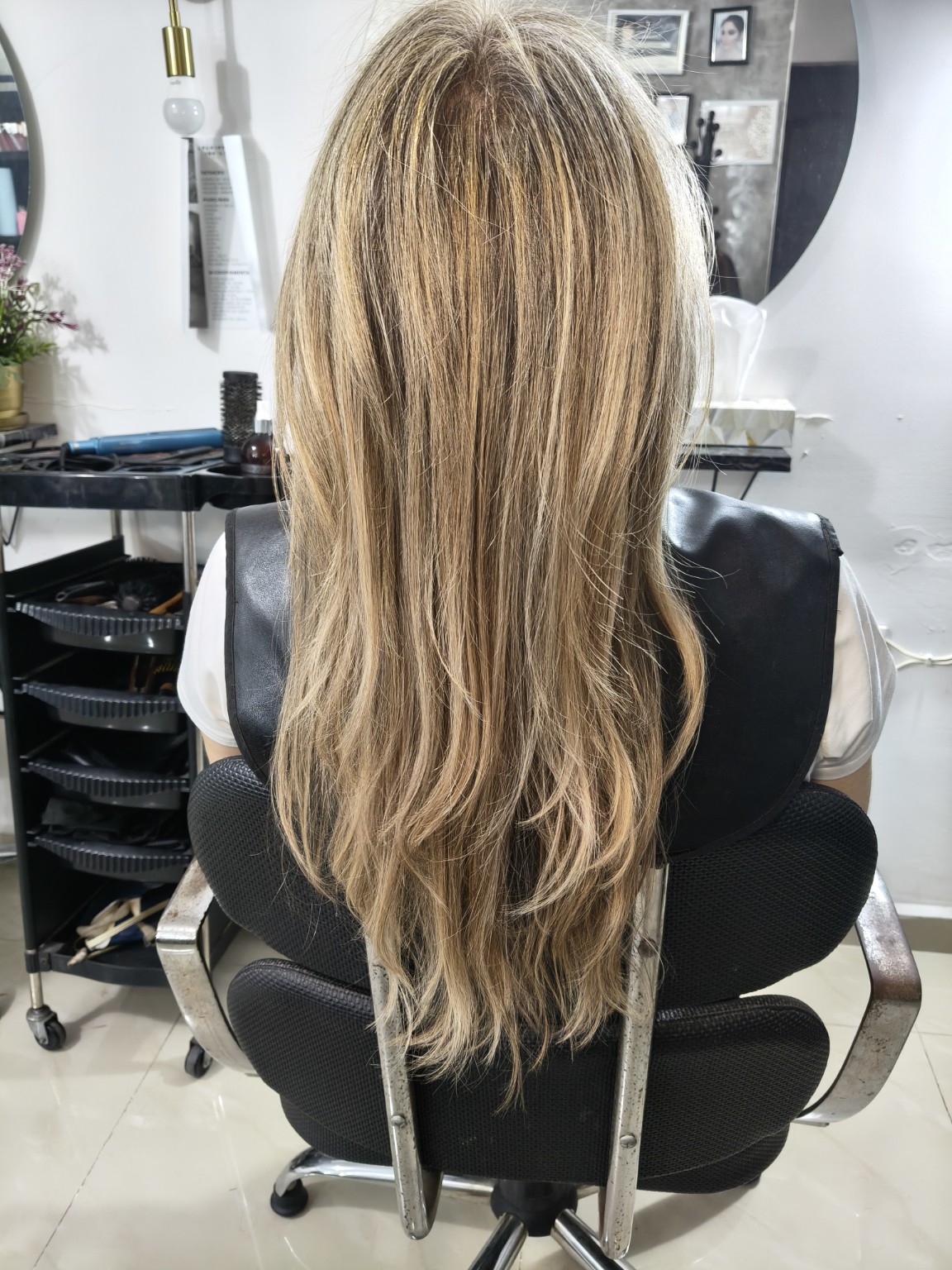 Cabello rubio largo con acabado natural, visto desde atrás
